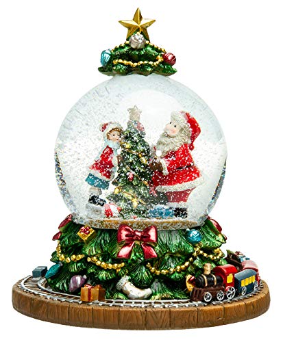 SIKORA SK18 Große Deko Glas Schneekugel Weihnachtsmann am Baum mit Stern und fahrendem Zug D:100mm und aufziehbarer Spieldose, Schneekugeln:Weihnachtsmann am Weihnachtsbaum mit fahrendem Zug von SIKORA