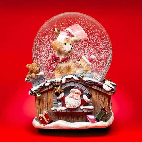 SIKORA SK20 Große Glas Deko Schneekugel Zwei Hunde mit Weihnachtsmützen und Schal D:100 mit Spieldose von SIKORA