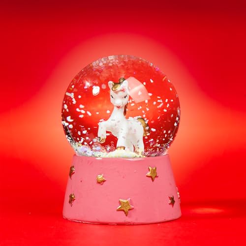 SIKORA SK44 Kleine Glas Deko Schneekugel Einhorn Weiss Gold Pink D:45mm von SIKORA