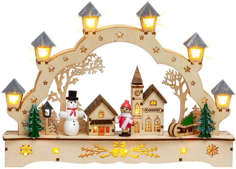 SIKORA Schwibbogen LB62s kleiner LED Holz Schwibbogen Dorfkirche mit Laternen L: 27 cm von SIKORA