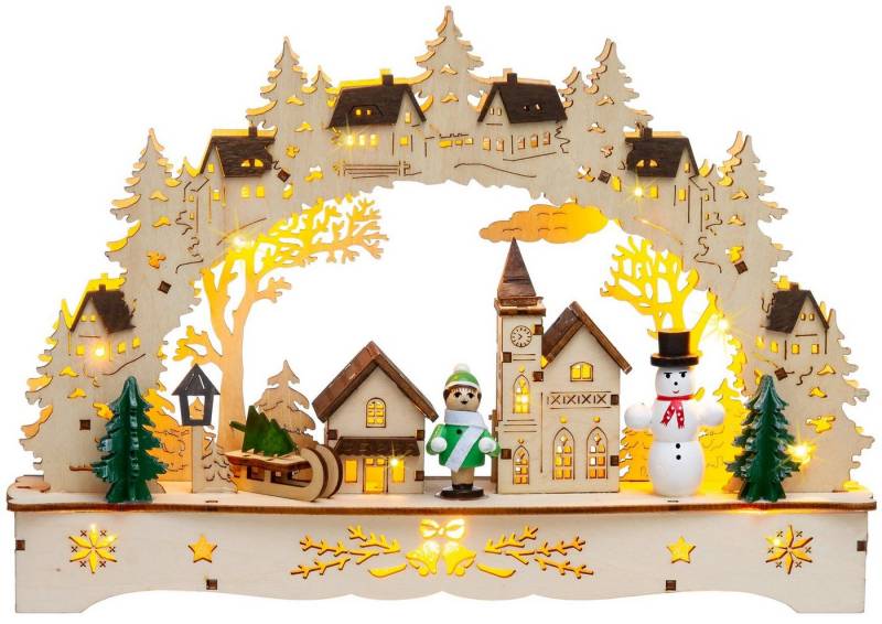 SIKORA Schwibbogen LB63s kleiner LED Holz Schwibbogen Dorfkirche mit Laternen L: 27 cm von SIKORA
