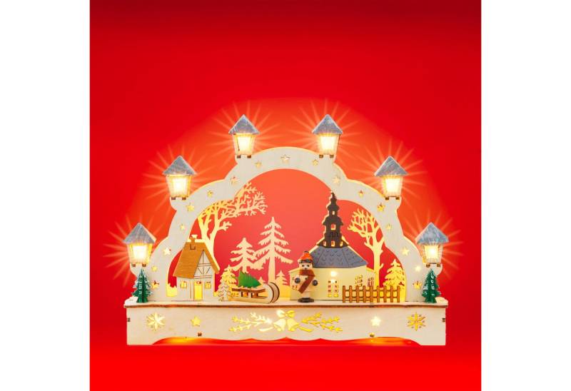 SIKORA Schwibbogen LB70s kleiner LED Holz Schwibbogen Dorfkirche mit Laternen L: 27 cm von SIKORA