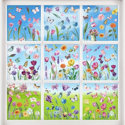 Fensterbilder Frühling Selbstklebend, SILARLAIT 9 Stück Fensterbilder Frühling Blumen, Statisch & Doppelseitige & Wiederverwendbare & Wiederverwendbar, Frühlingsdeko Fenster für Glas, Vitrinen von SILARLAIT