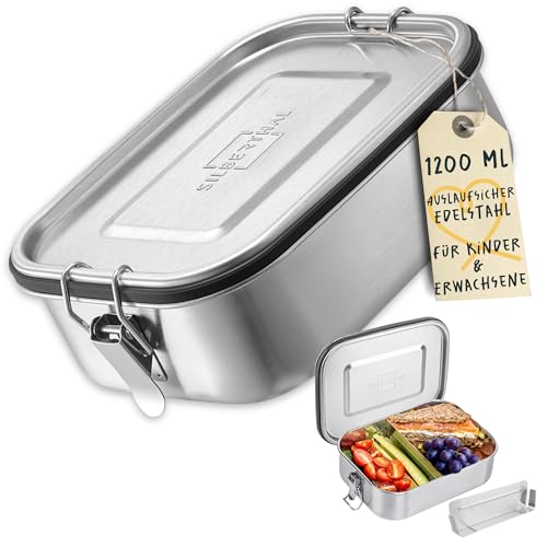 SILBERTHAL Brotdose Edelstahl mit Fächern – 1200ml Lunchbox Kinder & Erwachsene – Auslaufsicher & Leicht - flexible Trennwand von SILBERTHAL