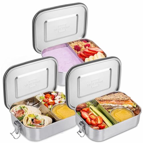 SILBERTHAL Edelstahl Brotdosen 3er Set - Auslaufsicher & Leicht - Edelstahl Lunchboxen für Erwachsene & Kinder - mit Saucen & Dip Behälter von SILBERTHAL