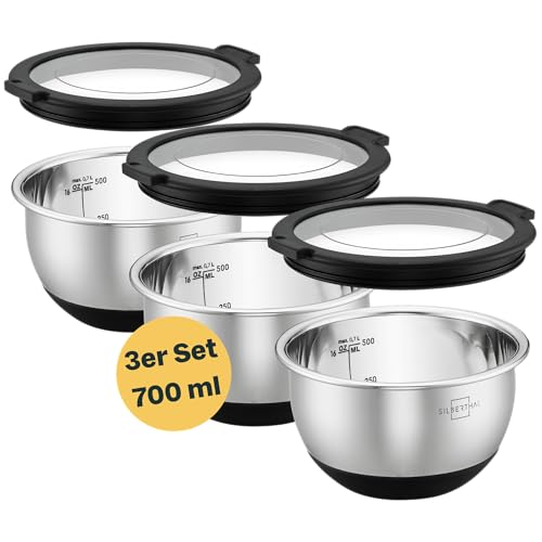SILBERTHAL Edelstahl Schüssel mit Deckel - 700ml 3er Set Rührschüsseln zum Servieren, Kochen, Backen, Aufbewahren - Rutschfester Boden von SILBERTHAL
