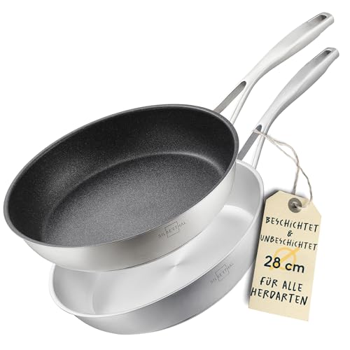 SILBERTHAL Edelstahlpfannen 2er Set 28 cm Unbeschichtet & Beschichtet -Pfannenset 2 teilig backofenfest & spülmaschinengeeignet von SILBERTHAL