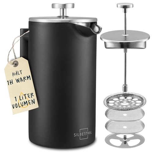 SILBERTHAL French Press Thermo 1 Liter - Kaffeebereiter Edelstahl - Doppelwandig isolierte Kaffeepresse - Ideal fürs Camping, Schwarz von SILBERTHAL