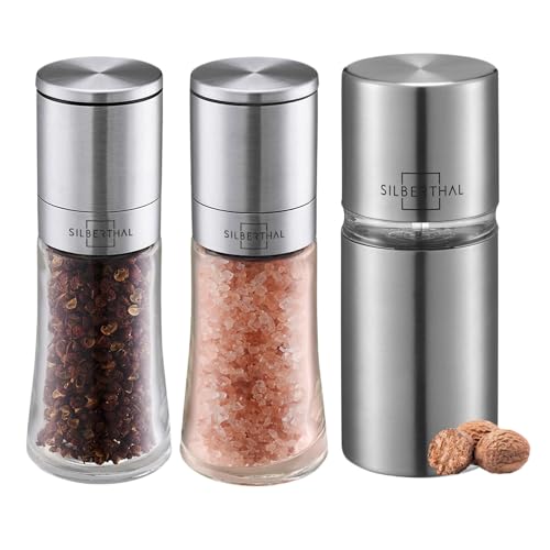 SILBERTHAL Gewürzmühlen Set mit einstellbarem Mahlgrad - Edelstahl - Muskatnuss Reibe mit Salzmühle und Peffermühlenset - Muskatmühle von SILBERTHAL