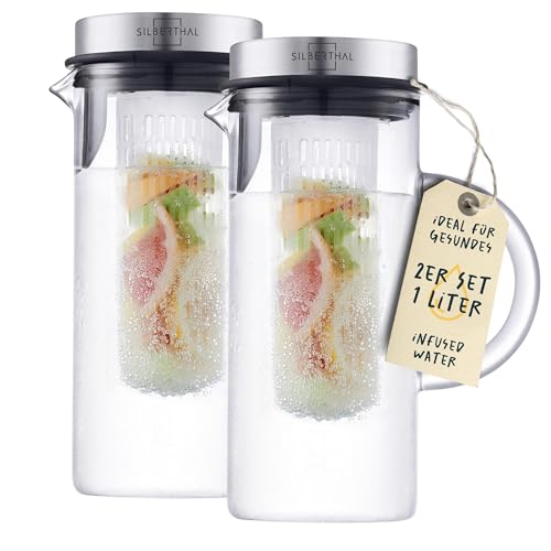 SILBERTHAL Glaskaraffe 2er Set mit Frucheinsatz - 1 Liter Karaffe mit Deckel- Spülmaschinenfest & Hitzebeständig von SILBERTHAL
