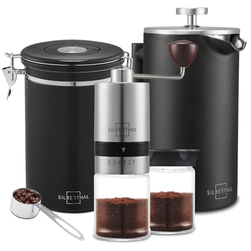 SILBERTHAL Kaffeemühle French Press Set - manuelle Handmühle mit Thermo Kaffeepresse 1l - Verstellbarer Mahlgrad - Edelstahl und Glas - Geschenkset für Kaffeeliebhaber und Vieltrinker von SILBERTHAL