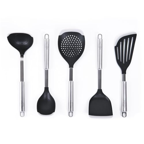 SILBERTHAL Küchenhelfer Set mit Silikon - 5 teiliges Set mit Pfannenwender, Servierlöffel, Schöpfkelle, Fischspatula und Schaumlöffel mit Silikonlippe für beschichtete Pfannen von SILBERTHAL