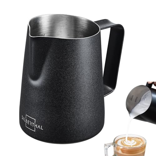 SILBERTHAL Milchkännchen Edelstahl 350ml schwarz - Professionelles Barista Zubehör mit Latte Art Ausguss - Milchschaumkännchen für Siebträger von SILBERTHAL