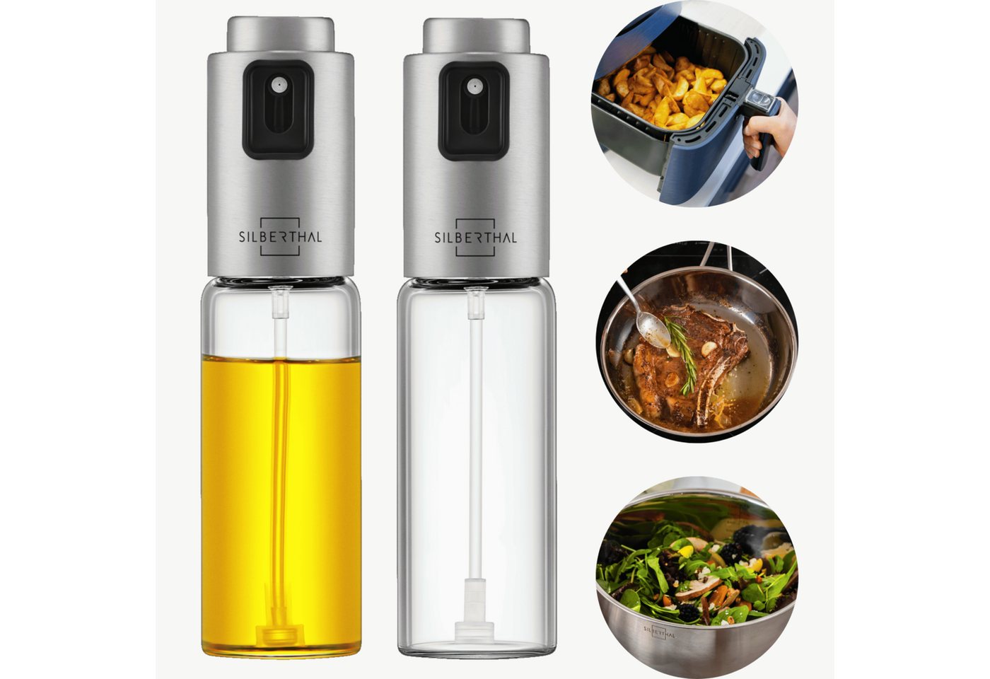 SILBERTHAL Ölspender 2 in 1 Essig- & Ölsprüher 2er Set aus Glas, je 120 ml, (2er Set, 2-tlg), 1 Sprühstoß = 1g Öl, für Öl & Essig mit Mikrofilter von SILBERTHAL