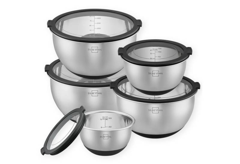 SILBERTHAL Rührschüssel Salatschüssel 5er Set, Edelstahl, (5-tlg), Rutschfest dank Silikonboden, mit integrierter Skala von SILBERTHAL