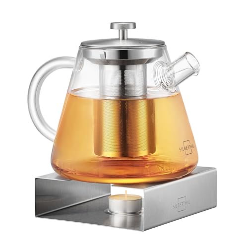 SILBERTHAL Teekanne mit Stövchen Set Glas - Mit Siebeinsatz - 1,5 Liter - Zum Warmhalten der Teekanne mit Teelicht von SILBERTHAL