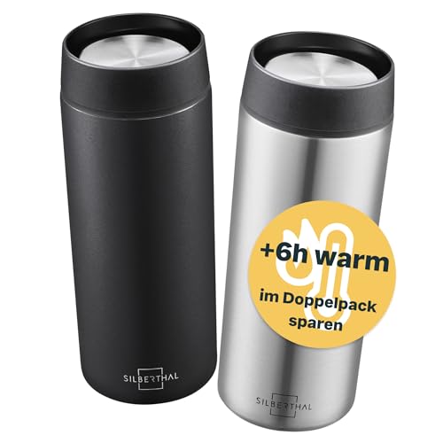 SILBERTHAL Thermobecher 350ml Edelstahl – Auslaufsichere Kaffeebecher to go mit Keramik – Coffee Cup in Silber - Bis zu 6h warm und 12h kalt - Jetzt im Doppelpack von SILBERTHAL