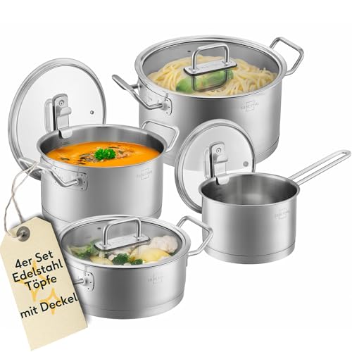 SILBERTHAL Topfset Induktion - 4-teilig - Edelstahl Kochtopf Set mit Glasdeckel - Unbeschichtet - Für alle Herdarten - Ofenfest von SILBERTHAL