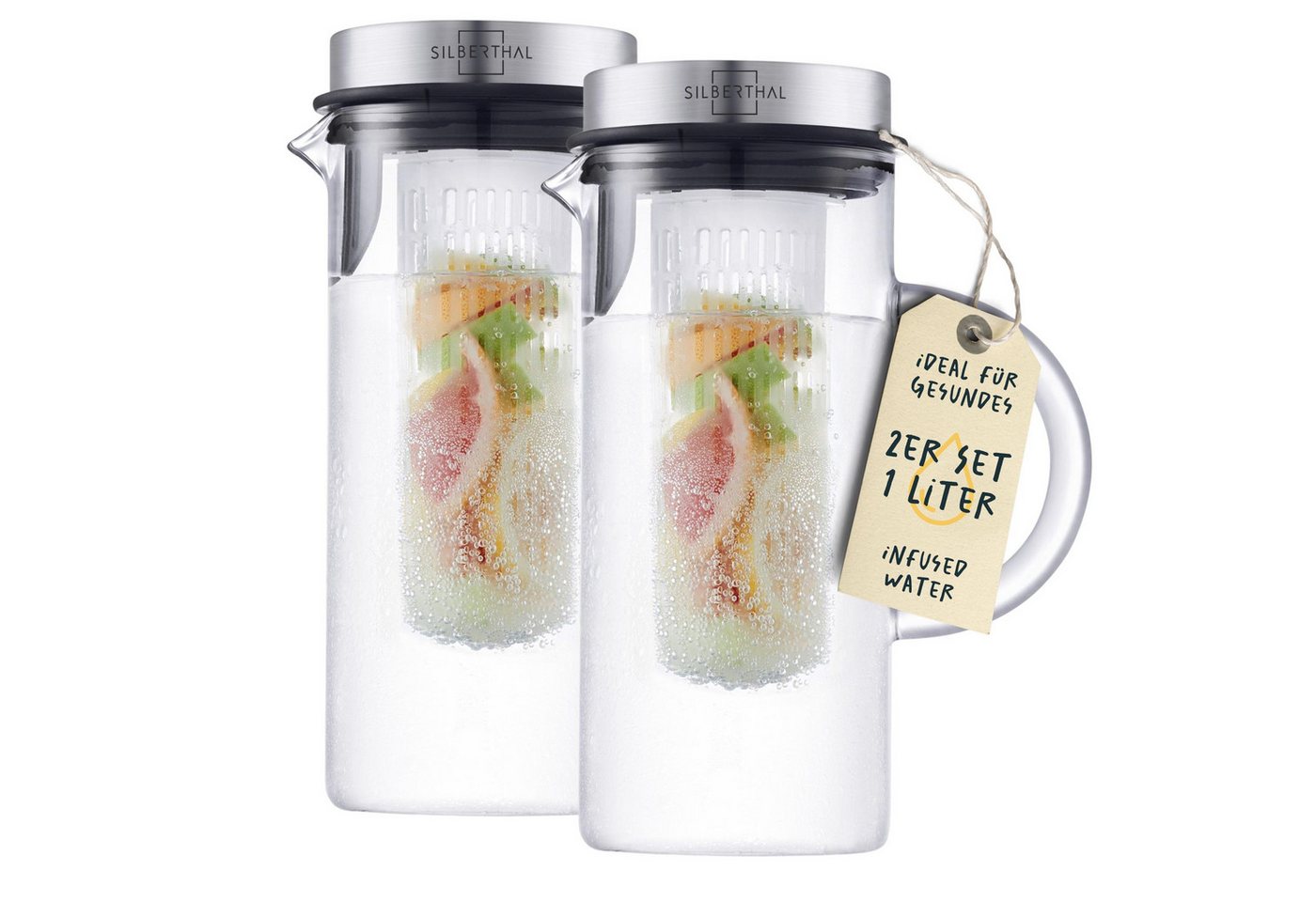 SILBERTHAL Wasserkaraffe 2er Set 1 Liter Glaskaraffe mit Fruchtsieb und Deckel, (2-tlg), für Kalt- & Heißgetränke von SILBERTHAL