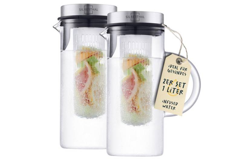 SILBERTHAL Wasserkaraffe 2er Set 1 Liter Glaskaraffe mit Fruchtsieb und Deckel, (2-tlg), für Kalt- & Heißgetränke von SILBERTHAL