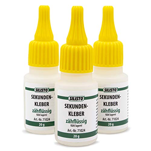 SILISTO Sekundenkleber 3x20g Transparent, Superkleber Zähflüssig, Alleskleber - extrem starker Cyanacrylat Kleber - zum Kleben von Plastik, Kunststoff, Glas, Holz, Stein, Metall uvm. SILISTO Sekundenkleber 3x20g Transparent, Superkleber Zähflüssig, Alleskleber - extrem starker Cyanacrylat Kleber - zum Kleben von Plastik, Kunststoff, Glas, Holz, Stein, Metall uvm. von SILISTO