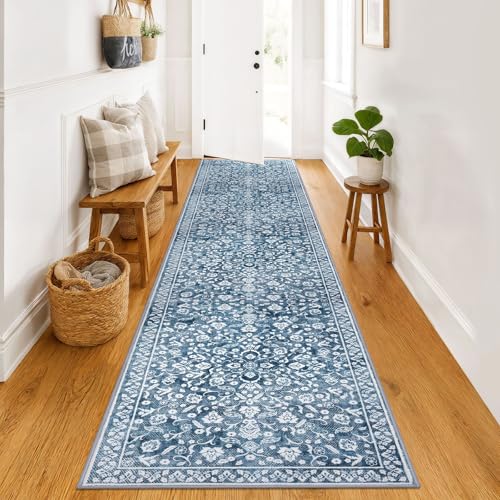 SILOLOOM Vintage Läufer Teppiche für Flur, 7,6 x 30,5 cm, Denimblau-weiß, waschbar, langer Flur-Läufer, rutschfest, superweich, Küchenläufer, Druck, Kunstwolle, Blumenmuster, dünner Teppich von SILOLOOM