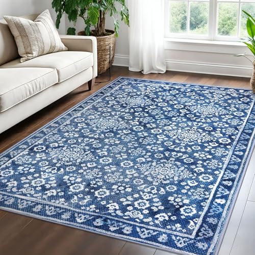 SILOLOOM Vintage-Teppich, 12,7 x 17,8 cm, staubiges Blau-Weiß, waschbar, Wohnzimmerteppich, rutschfest, dünn bedruckt, Kunstwolle, Boden, superweich, Teppich, für Schlafzimmer, Esszimmer, Spielzimmer SILOLOOM Vintage-Teppich, 12,7 x 17,8 cm, staubiges Blau-Weiß, waschbar, Wohnzimmerteppich, rutschfest, dünn bedruckt, Kunstwolle, Boden, superweich, Teppich, für Schlafzimmer, Esszimmer, Spielzimmer von SILOLOOM