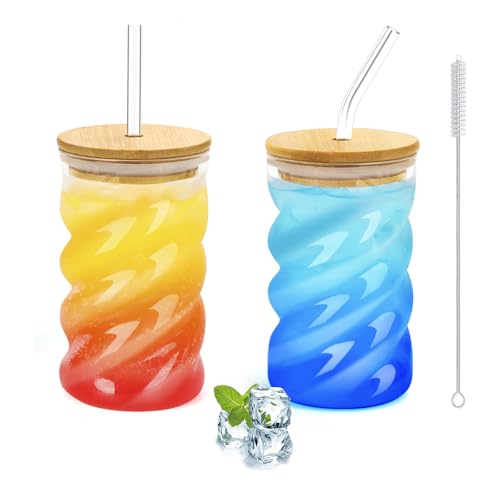 SILRIVES Glasbecher mit Deckel und Strohhalm 2er,Bubble Cocktailgläser Eiskaffee Gläser 500ml,Longdrinkgläser,Gerippte Trinkgläser mit Deckel und Strohhalm für Latte Macchiato,Matcha,Bier,Smoothie von SILRIVES
