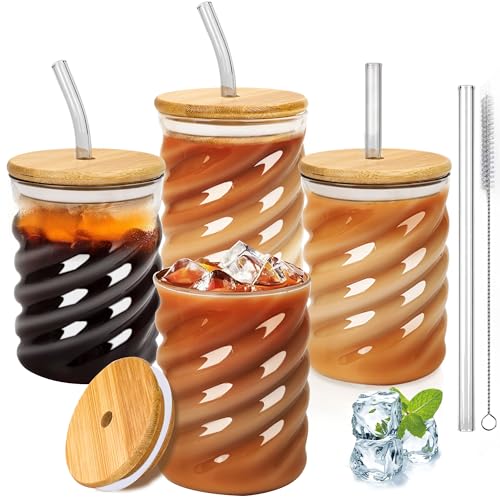 SILRIVES 350ml Glasbecher mit Deckel und Strohhalm, 4er Bubble Gläser,Eiskaffeegläser,Longdrinkgläser,Gerippte Trinkgläser mit Deckel und Strohhalm für Latte Macchiato,Iced Coffee,Cocktails,Smoothie von SILRIVES