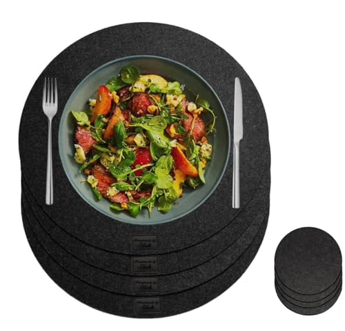 6-Teiliges Set aus Filz Tischuntersetzer Platzset Tischläufer, Platzdeckchen abwaschbar Filzmatte (Rund 6 STK., Schwarz) von SILUK