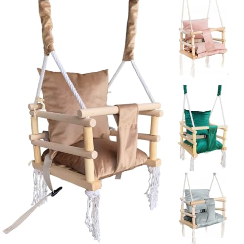 Holz Babyschaukel Kinderschaukel Stoff Kissen Babysitz Baby Schaukel zum Aufhängen 3 in 1 (Braun) von SILUK