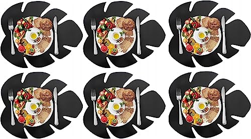 Lederähnliche Art-Déco Tischsets für den Tisch für Teller Tischuntersetzer Monstera Monsteramuster Platzdeckchen PVC Hitzebeständig (6 x Schwarz Monstera) von SILUK