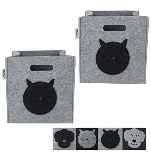 SILUK Filzkorb Korb Kinder Aufbewahrungsbox Spielzeugkiste für Kinderzimmer Spielzeug Faltbar (33x33x33) Aufbewahrung im Kallax Regal (Grau, 2 x Katze) von SILUK
