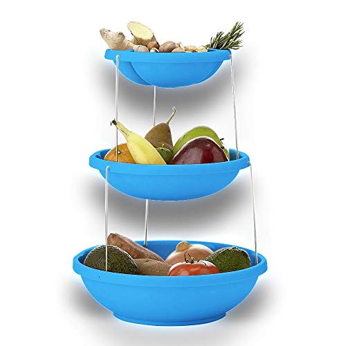 SILVANO Zusammenklappbarer Küchenschüsselturm - 3 Schüsseln in Verschiedenen Höhen - Struktur aus Edelstahl - Praktisch und Bequem - Ideal für Obst und Gemüse - Farbe Blau von SILVANO