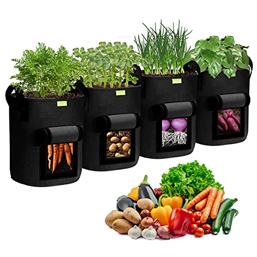 SIMBOOM Pflanzen Tasche, 4 Stück Kartoffel Pflanzsack aus Vliesstoff Pflanzbeutel mit Griffen und Sichtfenster Grow Bag für Tomaten, Blumen, Karotte, Schwarz - 10 Gallonen (40 L) von SIMBOOM
