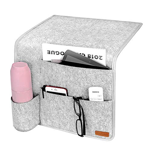 Simboom Nachttisch Tasche Filz Betttasche mit Flaschenhalter Anti-Rutsch Aufbewahrungstasche für Buch, Zeitschriften, iPad, Handy, Fernbedienung - Hellgrau von SIMBOOM