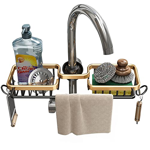 SIMCAS Wasserhahn-Schwammhalter, Küchenspüle, Caddy, Organizer über Wasserhahn, hängende Wasserhahn, Ablaufgestell für Spülbecken-Organizer (doppelt mit Geschirrtuchständer, schwarz gold) von SIMCAS