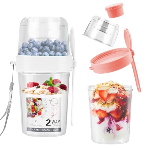 2 Stücke Müslibecher to go 3 fächer, 300 ML+500 ML Joghurtbecher to go mit Löffe, Auslaufsicherer Salatbecher Joghurt Becher Müsli to Go Becher für Arbeit, Schule, Picknickk, Spülmaschinenfest von SIMDAO