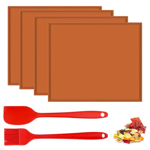 4 Stück Silikon Backmatte mit Rand 31 x 27 cm, Silikon-Dörrplatten mit Silikonbürste und Schaber, Antihaftbeschichtetes Backblech für Obst, Fleisch, Gemüse, Kräuter von SIMDAO