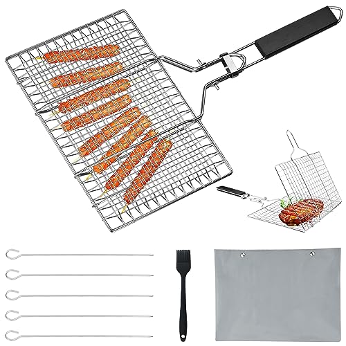 Grillkorb Fischbräter Set, Edelstahl Fisch-Grillkorb, Barbecue Grillschale,faltbare Körbe oder Grill Fisch und Gemüse, mit Oxford-Tasche+5 Kebab Skewers+Silikonbürste,Edelstahlzubehör von SIMDAO