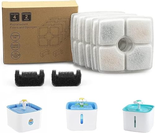 6 Katzenbrunnen Filter Set, 4 Stück Katzenbrunnen Filter mit 2 Stück Schwammfilter für Katzenbrunnen, Trinkbrunnen Ersatzfilter für Katzen und Hunde, Trinkbrunnenfilter mit Harz und Aktivkohle(Platz) von SIMDAO