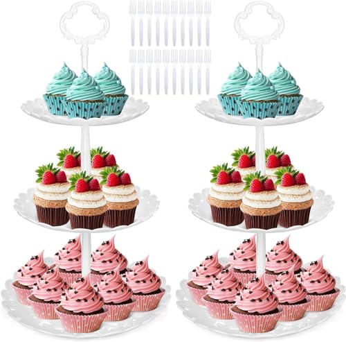 Yibang 2 Stück Cupcake Ständer, Etagere 3 Etagen Weiß mit 20 Stück Kuchengabeln, Donut, Muffins und Cupcakes Cupcake Dessert Tortenständer für Hochzeit, Zuhause, Geburtstag, Xmas, Party Servierplatte von SIMDAO