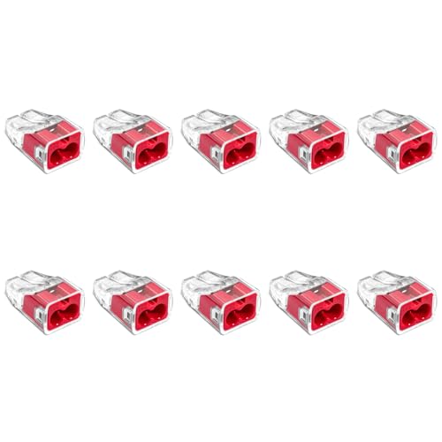 SIMET Verbindungsdosenklemme für Drähte (0,75-4 mm²), 2 - Leiter, Packung mit 10 Stück, transparent/rot, zum Anschluss an Abzweigdosen, Gehäuse und starre Elektroverteiler von SIMET