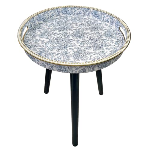 Simmer Stone Runder Beistelltisch für den Innenbereich mit abnehmbaren 3 Holzbeinen, vielseitiger Tabletttisch, perfekt für runden Couchtisch, Tee und Entspannungszeit, 45 cm (gepunktete blaue Blume) von SIMMER STONE