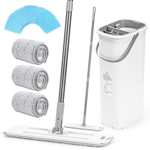 SIMMOP Wischmopp und Eimer Set, 360° Squeeze Mikrofaser Mops für Bodenreinigung, Zweikammer-Reinigungseimer für Nass und Trocken, Home Bodenreinigungssystem Mop für Holz, Laminat, Fliesen, Vinyl von SIMMOP