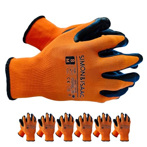 SIMON&ISAAC EN 388 Sicherheits Arbeitshandschuhe Nitril rutschfeste verschleißfeste Anti-Penetration Handschuhe 6 Paar Größe 8/M (orange, M) von SIMON&ISAAC