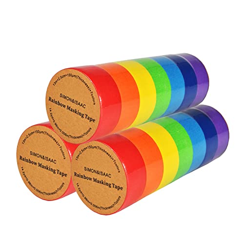 SIMON&ISAAC Regenbogen Farbe Malerkrepp Masking Tape Adhesive DIY Handwerk Papier Dekrativer Klebeband 7 Rolls×13m×25mm für Kinder Teacher Lab Labeling Painters Maler Planner 3pcs von SIMON&ISAAC