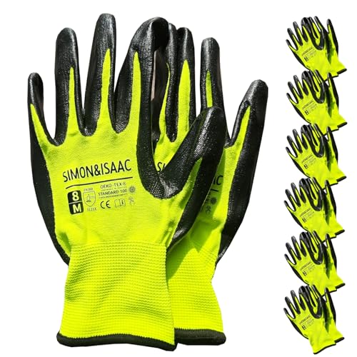 SIMON&ISAAC Sicherheits Arbeitshandschuhe Nitril rutschfeste verschleißfeste Anti-Penetrations Handschuhe 6 Stück Größe 8/M (Gelb, M) von SIMON&ISAAC