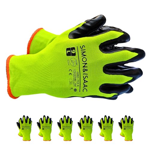 SIMON&ISAAC Sicherheits Arbeitshandschuhe Nitril rutschfeste verschleißfeste Anti-Penetrations Handschuhe 6 Stück Größe 9/L (Gelb, L) von SIMON&ISAAC