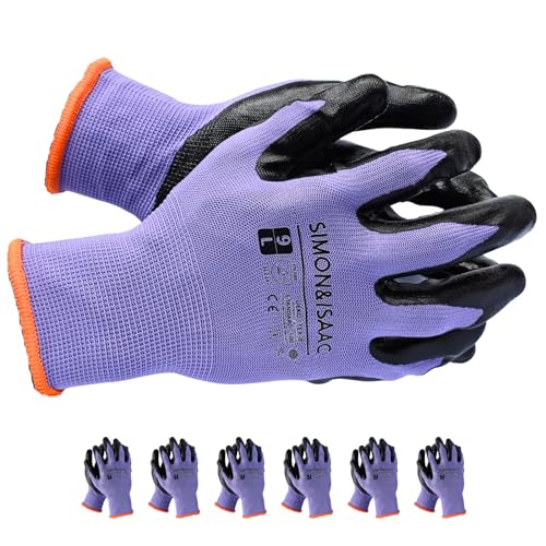 SIMON&ISAAC Sicherheits Arbeitshandschuhe Nitril rutschfeste verschleißfeste Anti-Penetrations Handschuhe 6 Stück Größe 9/L (lila, L) von SIMON&ISAAC